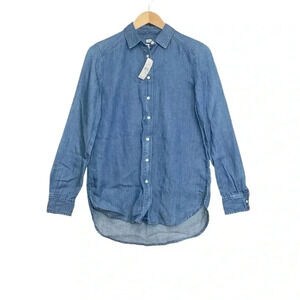 Loft Blue Chambray Linen Shirt Button Front Size XXS